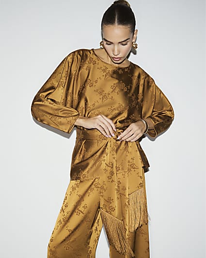 Bronze Satin Floral Obi Belt Batwing Top