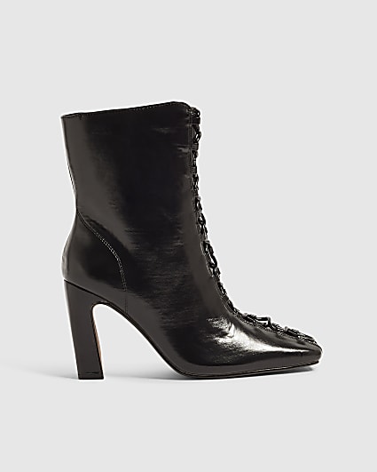 Black Block Heel Lace Up Ankle Boots