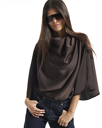 Brown Asymmetric Draped Top