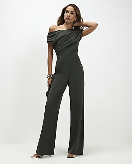 Green Asymmetric Draped Jumpsuit