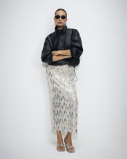 Cream Sequin Midi Skirt