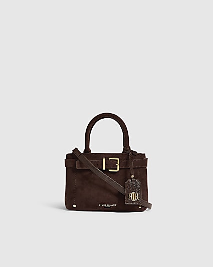 Brown Faux Suede Belt Front Mini Tote Bag