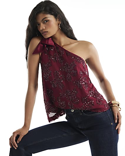 Burgundy Sequin One Shoulder Bow Top