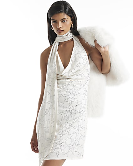 Cream Hotfix Cowl Neck Tie Mini Dress