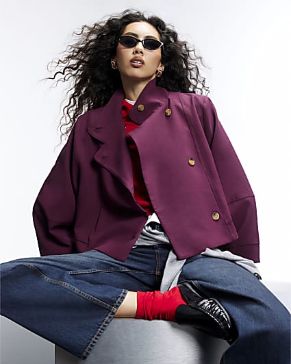 Purple Funnel Neck Cocoon Sleeve Jacket