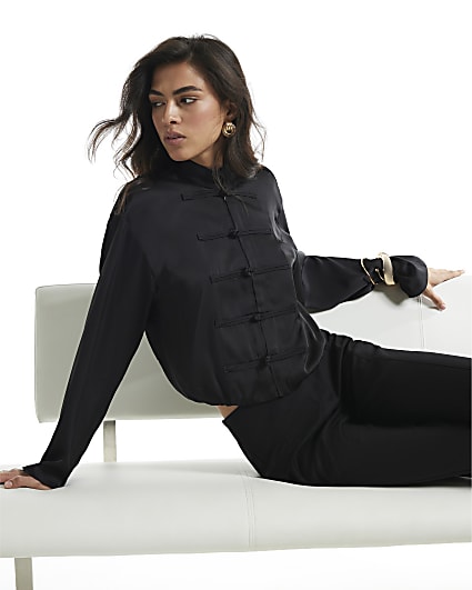 Black Funnel Neck Frogging Bomber Top