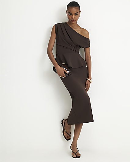 Brown Peplum Midi Dress