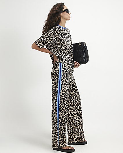 Brown Premium Leopard Print Wide Leg Trousers
