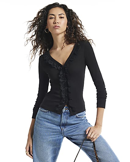 Black Ribbed Lace Trim Cardigan