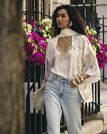 Cream Floral Print Kimono