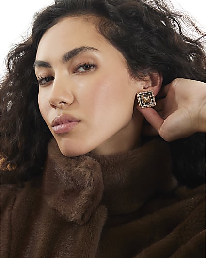 Gold Crystal Square Stud Earrings