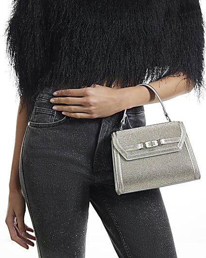 Silver Embellished Mini Tote Crossbody Bag