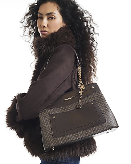 Brown Faux Leather Front Pocket Tote Bag