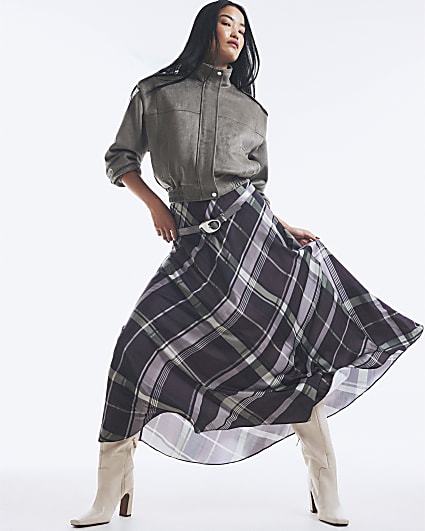 Purple Satin Check Print Midi Skirt