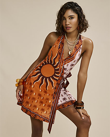 Orange Sun Print Wrap Playsuit