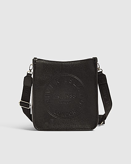 Black Faux Leather Embossed Messenger Bag