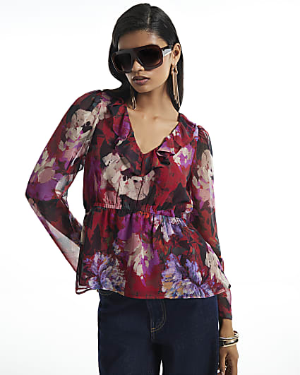 Purple Floral Printed Ruffle Blouse