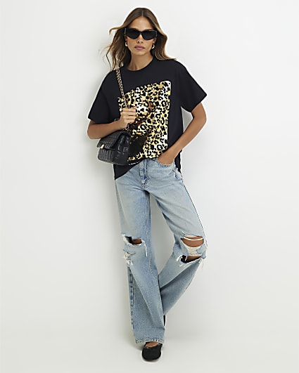 Black Cotton Leopard Print Foil T-Shirt