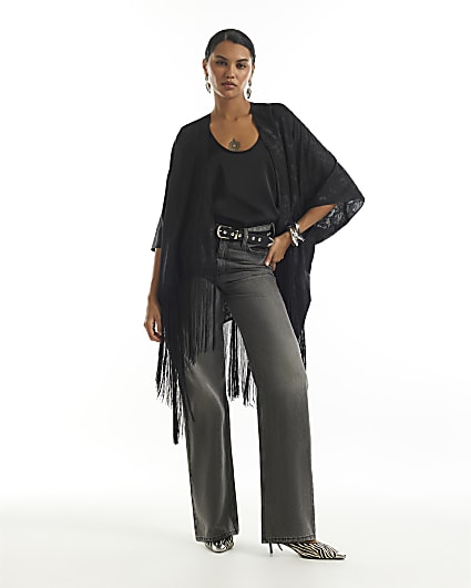 Black Jacquard Tassel Trim Kimono