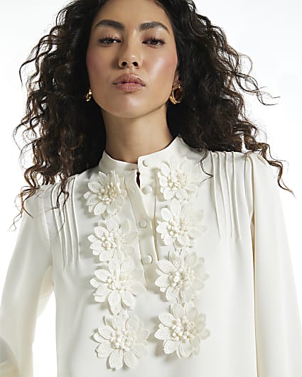 Cream Crepe Floral Applique Blouse