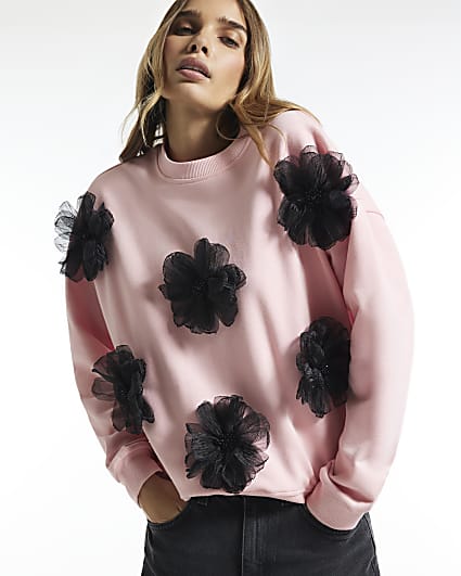 Pink Contrast 3D Flower Sweatshirt