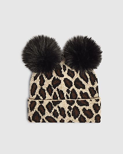 Brown Leopard Pom Pom Beanie