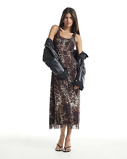 Brown Leopard Print Mesh Midi Dress