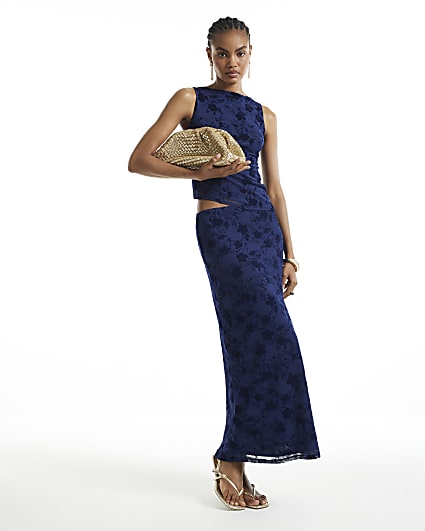 Navy Devore Maxi Skirt