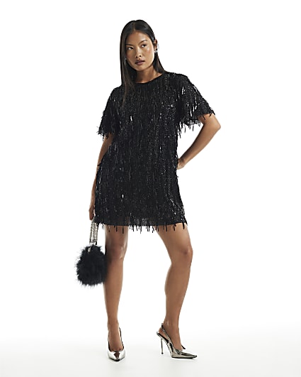 Petite Black Sequin T-Shirt Dress