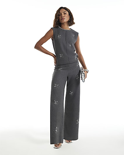 Grey Knit Embellished Cosy Wide Leg Trousers