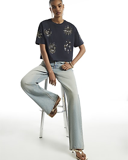 Black Cotton Cosmic Embroidered T-Shirt
