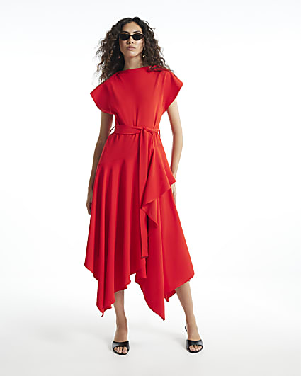 Red Wrap Style Hanky Hem Midi Dress