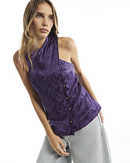 Purple Satin Jacquard Button Wrap Top