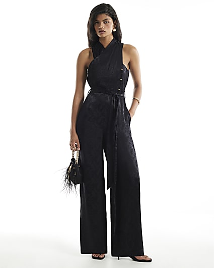 Black Satin Jacquard Jumpsuit