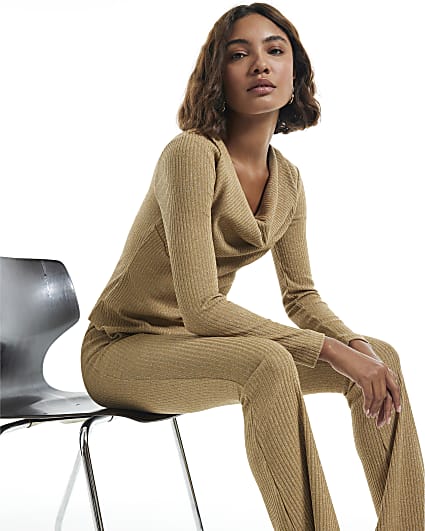 Gold Cowl Neck Glitter Aysmmetric Top
