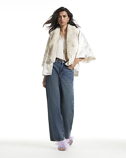 Cream Satin Floral Faux Fur Trim Kimono