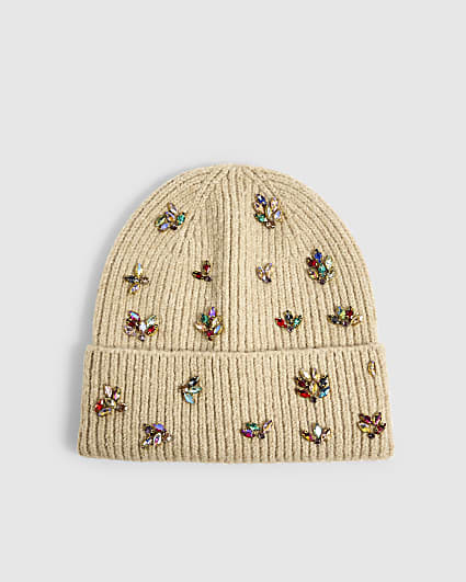 Beige Knit Embellished Beanie