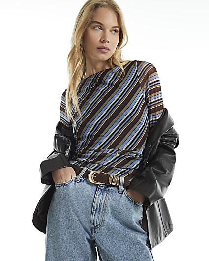 Brown Stripe Asymmetric Ruched Side Top