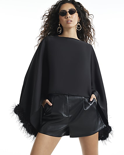 Black Satin Waterfall Faux Feather Cape