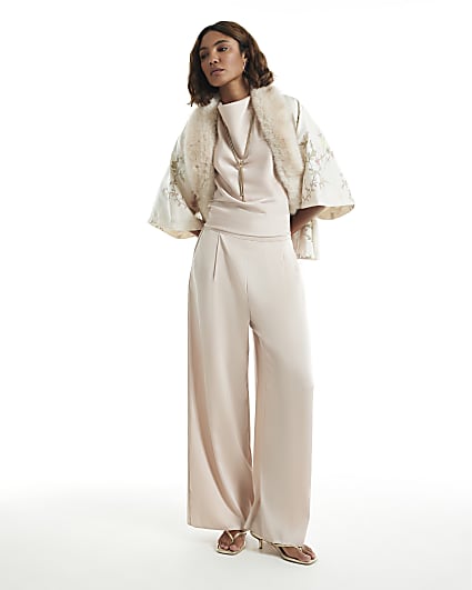 Cream Satin Wide Leg Trousers