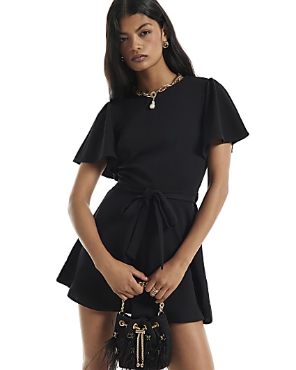 Black Short Sleeve Open Back Playsuit