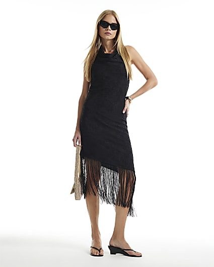 bow detail lace trim a line midi dress in black Petite Cowl Neck Farm Rio Jacquard Lurex Fabric Category:WOVEN Maxi dresses The Bebe Size:5XL | 38 (for waist size 42