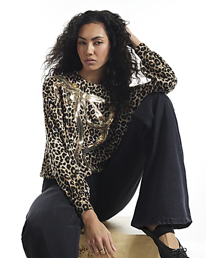 Brown Leopard Print Sequin Bow Sweatshirt