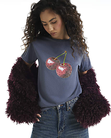 Navy Cherry Embellished T-Shirt