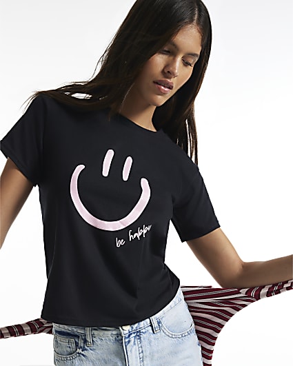 Black Smile Print Short Sleeve T-Shirt