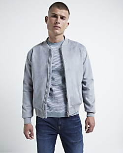 Blue regular fit suedette bomber jacket River Island