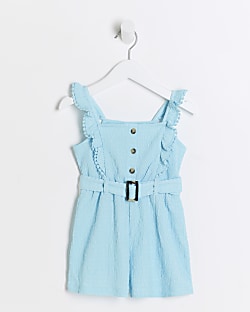 Mini Girls Blue Belted Frill Playsuit