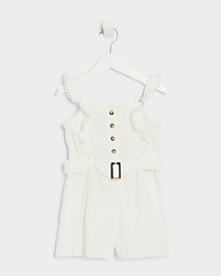 Mini girls white belted frill playsuit