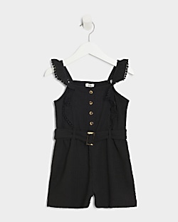 Mini Girls Black Belted Frill Playsuit