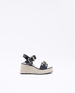 Girls black wide fit wedge sandals River Island